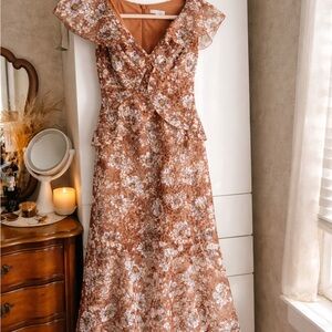 Eva Mendes Light Brown Floral Lace Midi Dress